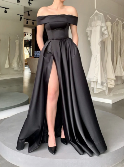 Off Shoulder Elegant Satin Evening Dress With High Slit 
