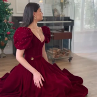 A Line Floor Length Dark Red Velvet V Neck Short Puff Sleeve Evening Dresses - Thumbnail 1