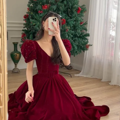 A line floor length dark red velvet v neck short puff sleeve evening dresses
