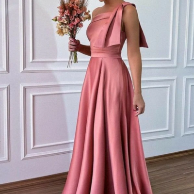 Chic one shoulder pink satin long evening dresses