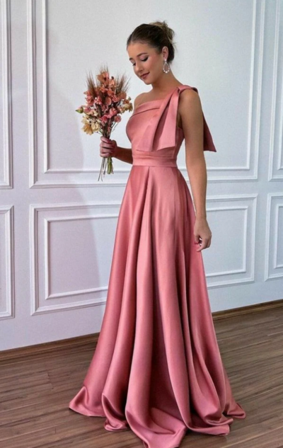 Chic One Shoulder Pink Satin Long Evening Dresses