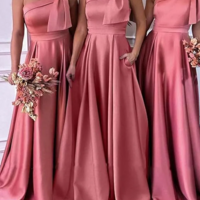 Chic One Shoulder Pink Satin Long Evening Dresses - Thumbnail 1