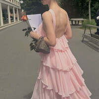 Light Pink Chiffon Formal Dresses Open Back Long Prom Maxi Gown - Thumbnail 1