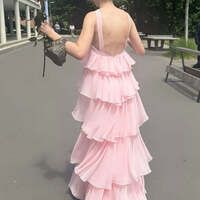 Light Pink Chiffon Formal Dresses Open Back Long Prom Maxi Gown - Thumbnail 2