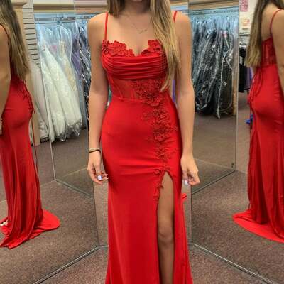 Red prom dresses long with slit elegant tight formal graduation dress