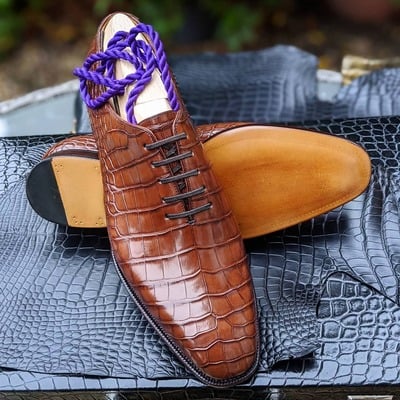 Handmade men wholecut brown crocodile leather oxford dress shoes - Thumbnail 4