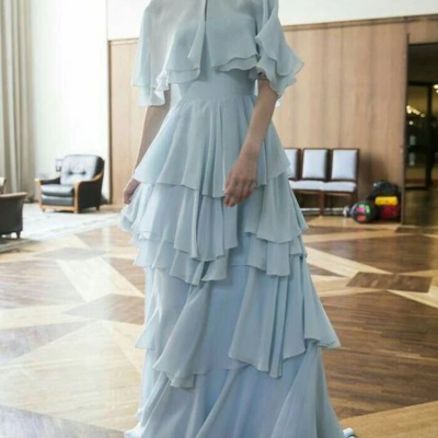Vintage light blue a line chiffon prom dresses
