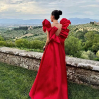Sexy Red V-Neck Crimping Sleeve Open Back Stain Prom Dresses - Thumbnail 1