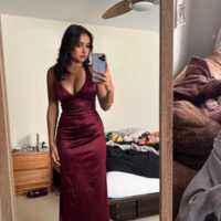 Simple Burgundy Satin Plunging V- Neckline Evening Dresses - Thumbnail 1