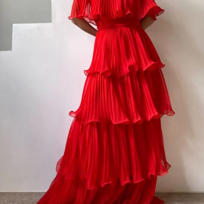 Modest red fashion pleated ruffle prom dresses