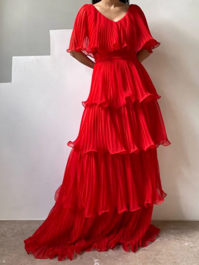 Modest Red Fashion Pleated Ruffle Prom Dresses