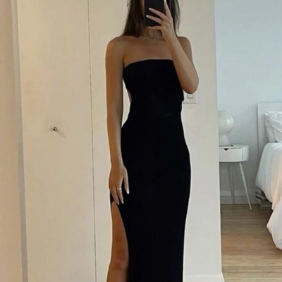 Strapless sexy black split evening dresses