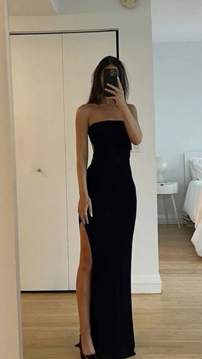 Strapless Sexy Black Split Evening Dresses