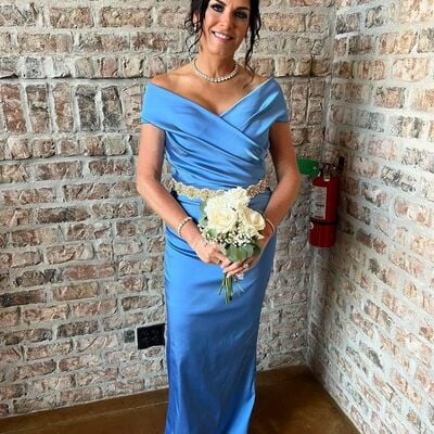 Elegant blue off the shoulder mother of the bride/groom dress evening formal prom dress - Thumbnail 4