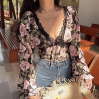 Retro V-neck all-match long-sleeved lace rose print top - Thumbnail 1