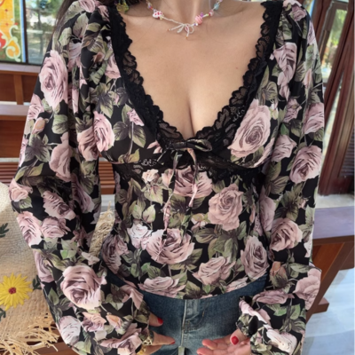 Retro v-neck all-match long-sleeved lace rose print top