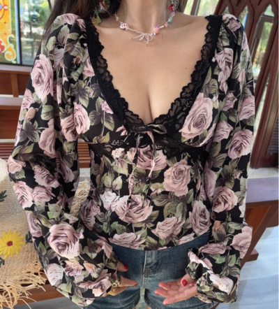 Retro V-neck all-match long-sleeved lace rose print top