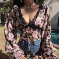 Retro V-neck all-match long-sleeved lace rose print top - Thumbnail 5