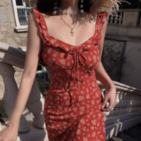 Retro Red Floral Suspender Dress - Thumbnail 6