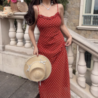 Summer beach holiday style lace collar red bottom polka dot print dress - Thumbnail 8