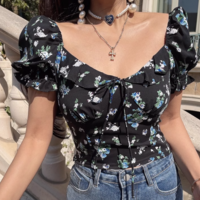 Casual square neck collarbone exposed puff sleeves super short shirt - Thumbnail 1