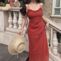 Summer beach holiday style lace collar red bottom polka dot print dress - Thumbnail 9