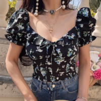 Casual square neck collarbone exposed puff sleeves super short shirt - Thumbnail 2