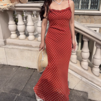 Summer beach holiday style lace collar red bottom polka dot print dress - Thumbnail 10