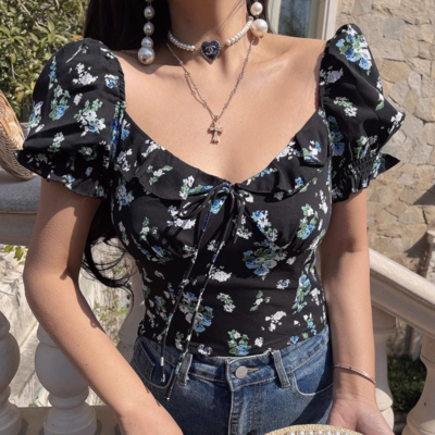 Casual square neck collarbone exposed puff sleeves super short shirt