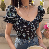 Casual square neck collarbone exposed puff sleeves super short shirt - Thumbnail 6