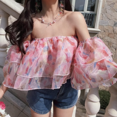 Versatile printed off-shoulder layered ruffled tube top