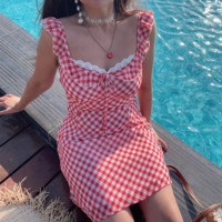 Plaid Chic Ruffle Short Sling Dress - Thumbnail 1