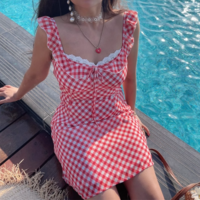 Plaid Chic Ruffle Short Sling Dress - Thumbnail 5