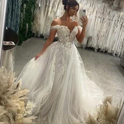 A-line appliques tulle long wedding dress bridal dress bridal gown
