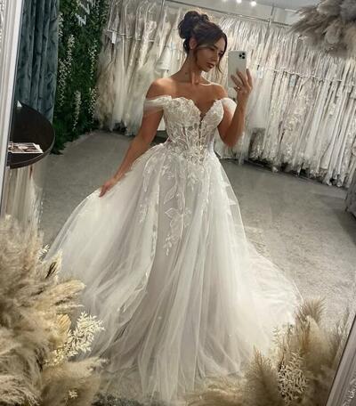A-line Appliques Tulle Long Wedding Dress Bridal Dress Bridal Gown