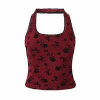 Retro sexy all-match halter neck vest flocked top - Thumbnail 4