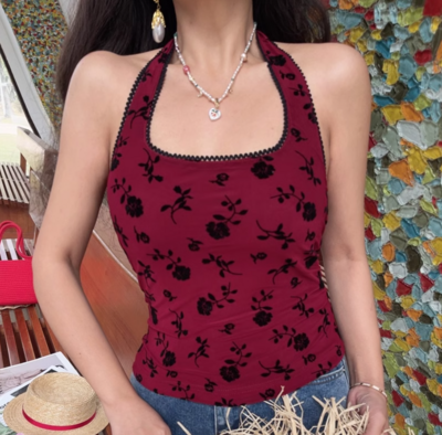 Retro sexy all-match halter neck vest flocked top