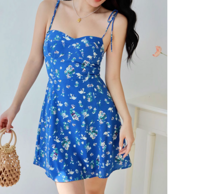 Square Neck Puff Sleeve Short Skirt Waist Slim Floral Dress
