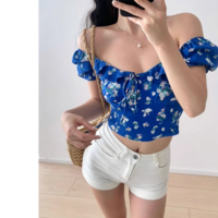 Casual square neck collarbone exposed puff sleeves super short shirt - Thumbnail 2