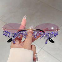 Rimless Oval Rhinestone Angel Tears Sunglasses - Thumbnail 3