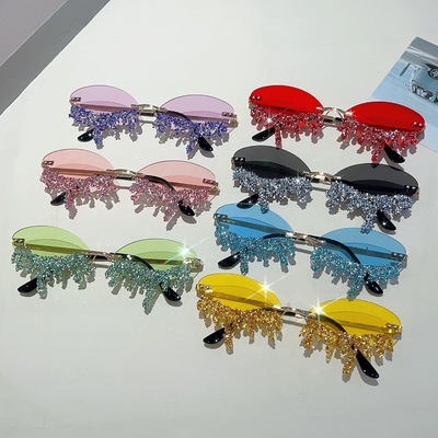Rimless Oval Rhinestone Angel Tears Sunglasses