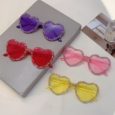 Candy color rimless rhinestone heart shaped sunglasses