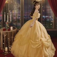 Yellow Tulle Off the Shoulder Princess Prom Dress - Thumbnail 3