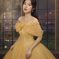 Yellow Tulle Off the Shoulder Princess Prom Dress - Thumbnail 4