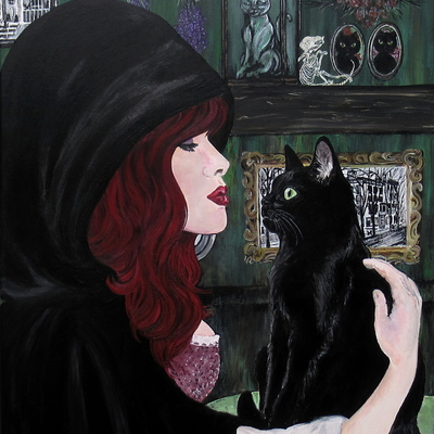Black cat love, original acrylic painting by n.e.thompson, artwork size 18x24 inches