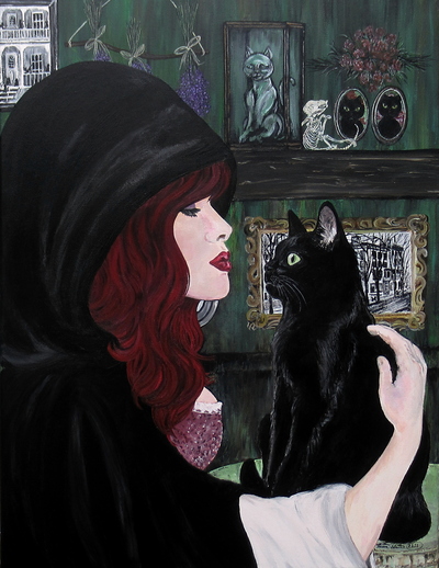 Black Cat Love, Original Acrylic Painting By N.E.Thompson, Artwork Size 18x24 Inches