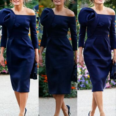 Elegant navy blue sheath tea-length mother of the bride/groom dress evening formal prom dress - Thumbnail 3