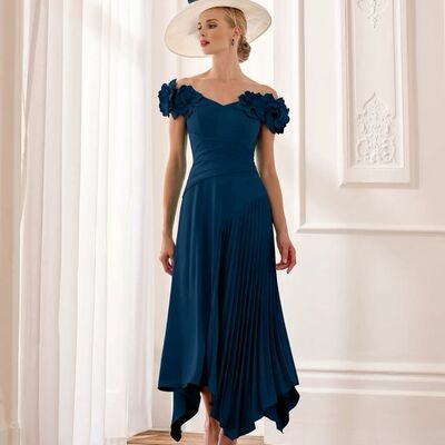 Elegant navy blue off the shoulder tea-length mother of the bride/groom dress evening formal prom dress - Thumbnail 4