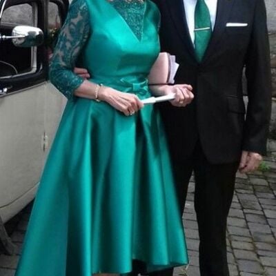 Elegant green lace tea-length mother of the bride/groom dress evening formal prom dress - Thumbnail 3