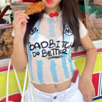 DO BETTER Printed Blue White Stripe Mesh Top - Thumbnail 2